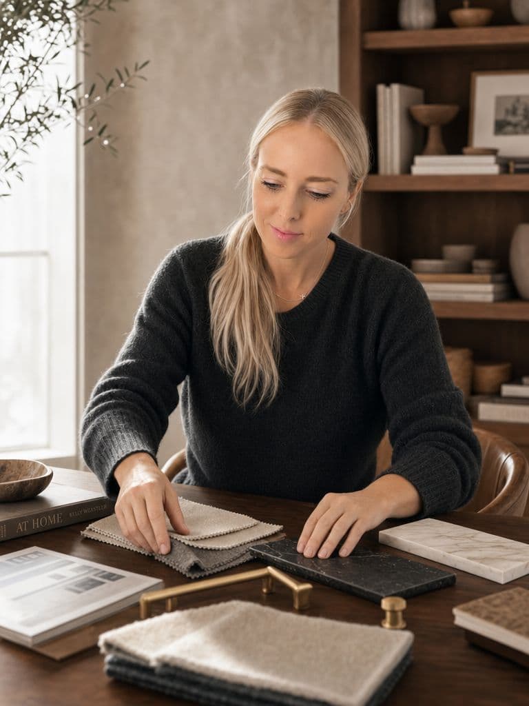 Amanda, founder and lead designer of Palm and Mountain, selecting material samples at her desk